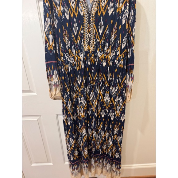 Wonderly Womens XL Navy Blue Ikat Print Embroidered Split Neck Maxi Dress Boho - Picture 2 of 8